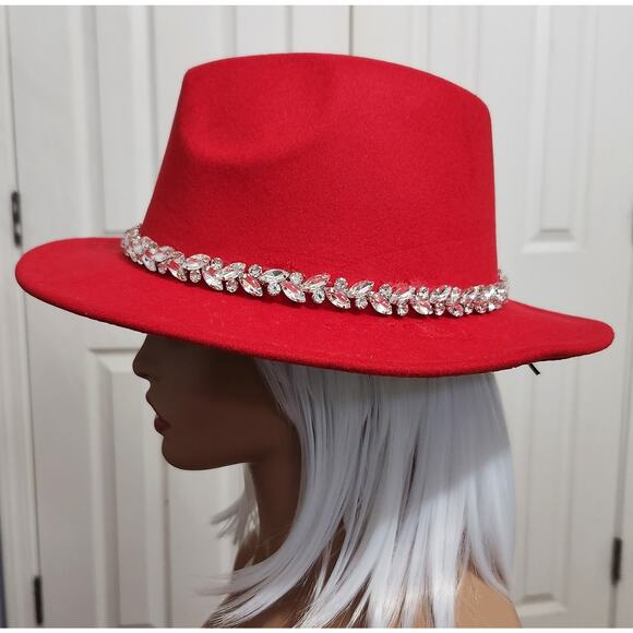 Fedora Hat Red & Black with Rhinestone Feathered Band Brand New - Picture 4 of 5